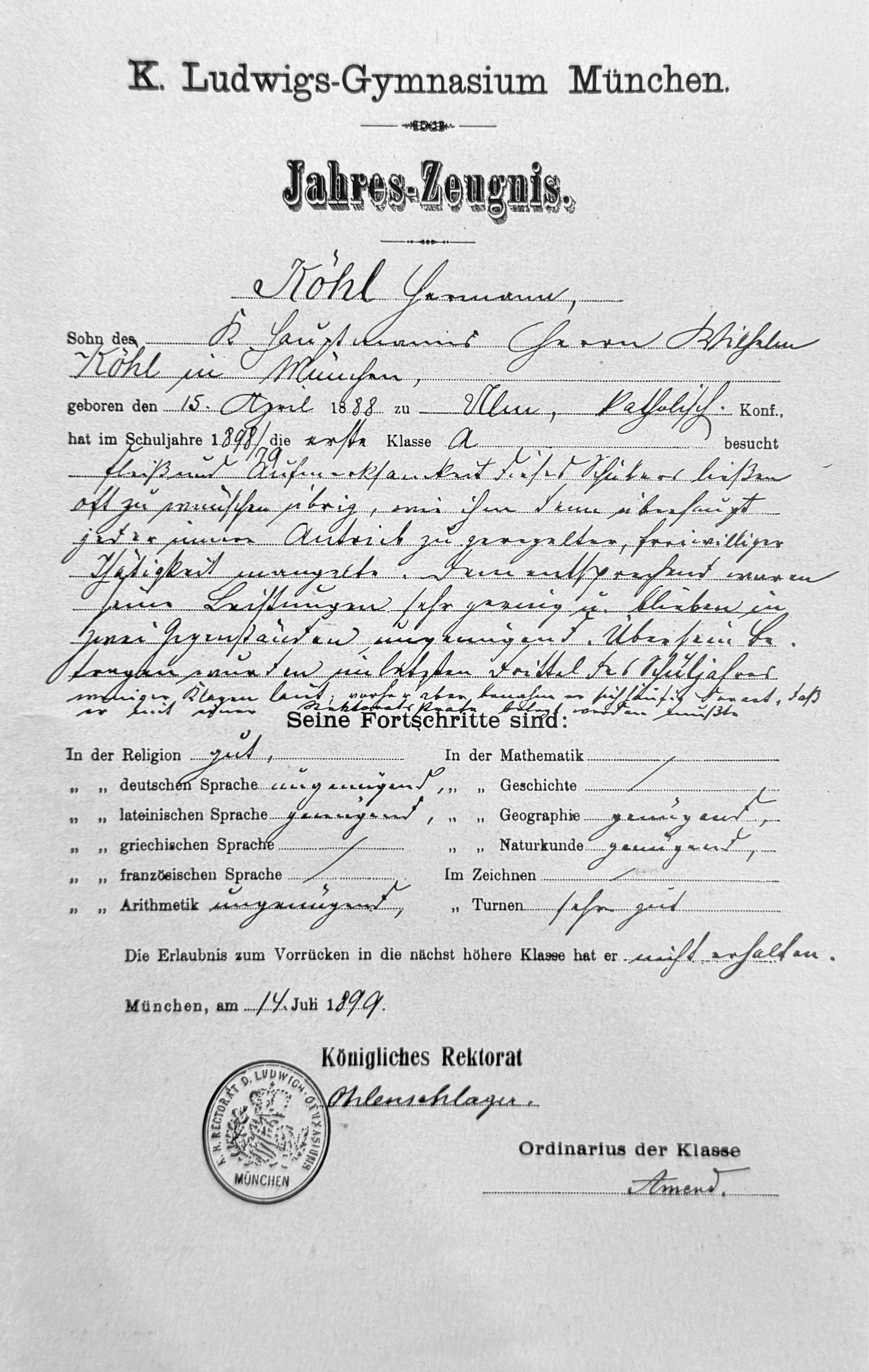 Schulzeugnis von Hermann Köhl aus dem Jahr 1899